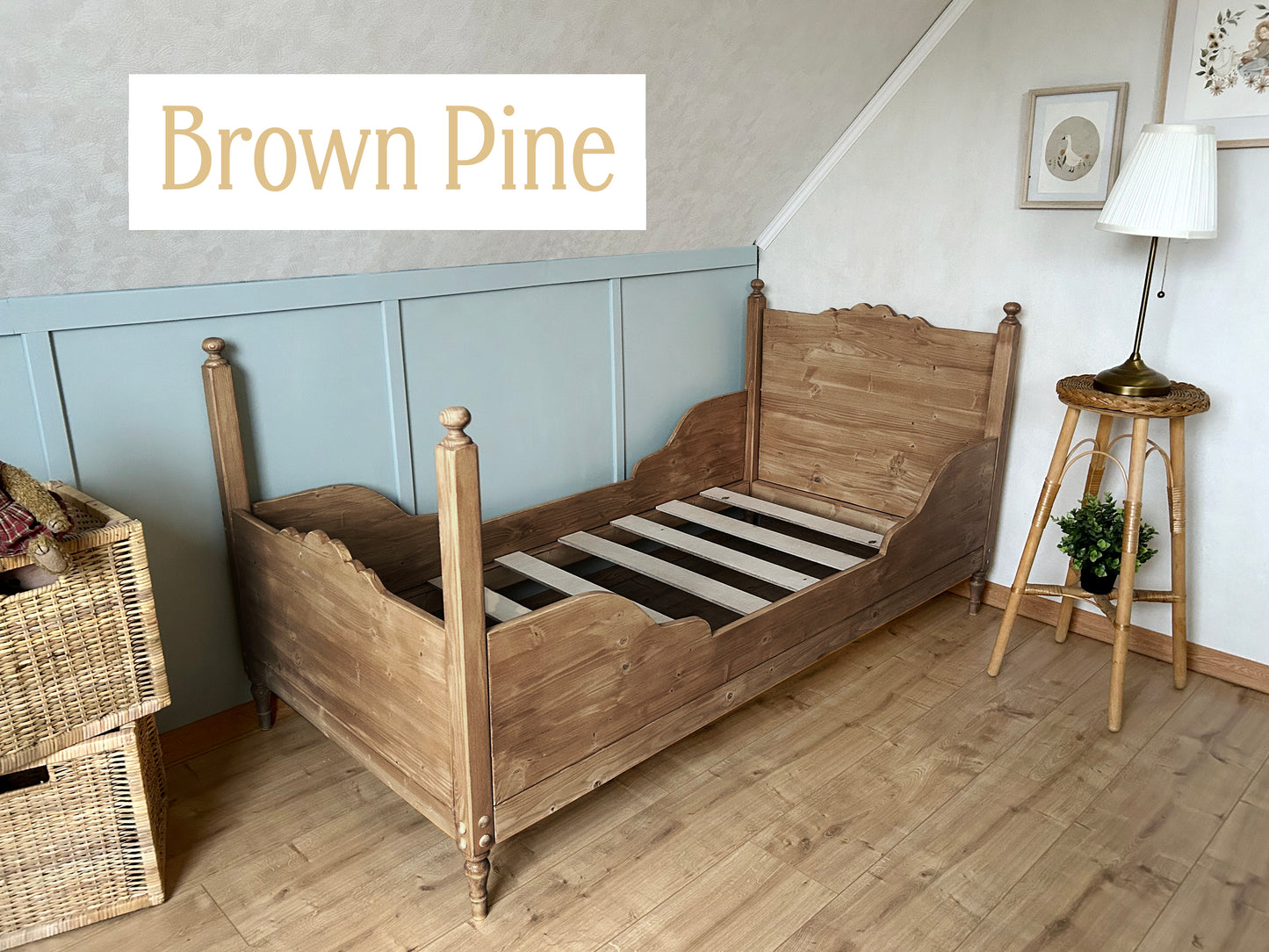 Toddler Vintage design Sleigh Bed, antique pine, any color