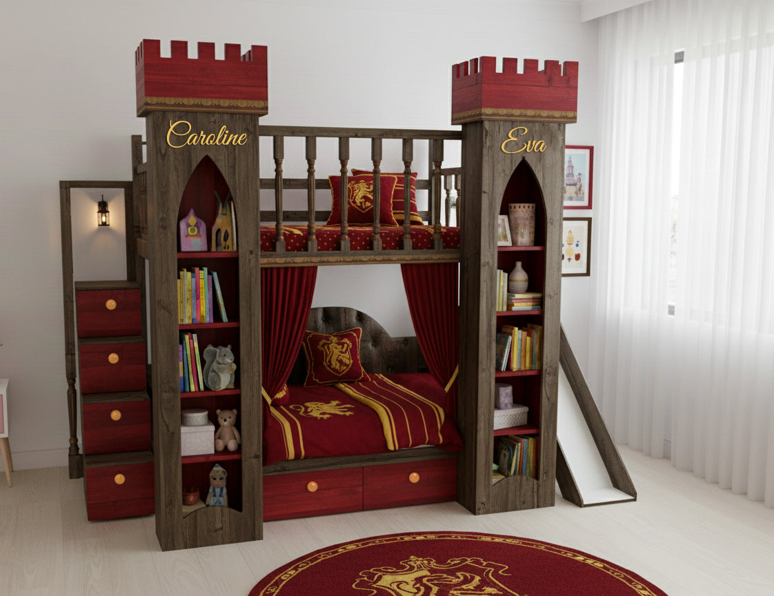 Łóżko w kształcie zamku księżniczki ze zjeżdżalnią