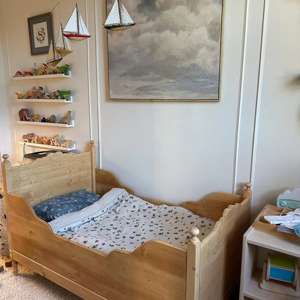 Toddler Vintage design crib Sleigh Bed, antique pine, any color
