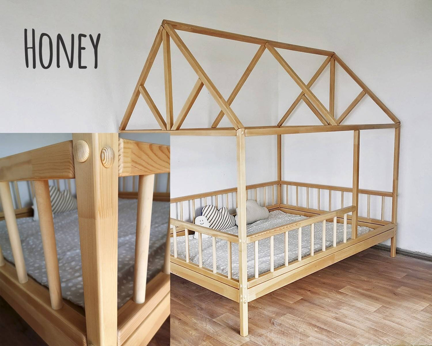 Montessori house bed with decorative roof, natural wood toddler bed, bed with roof, removable railings