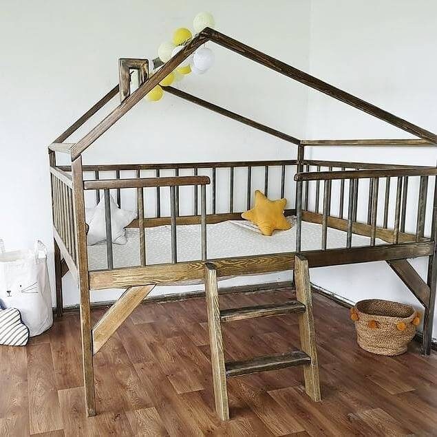 Montessori house bed with roof, natural wood toddler bed, bed with roof, hausbett, treehouse bed, loft bed