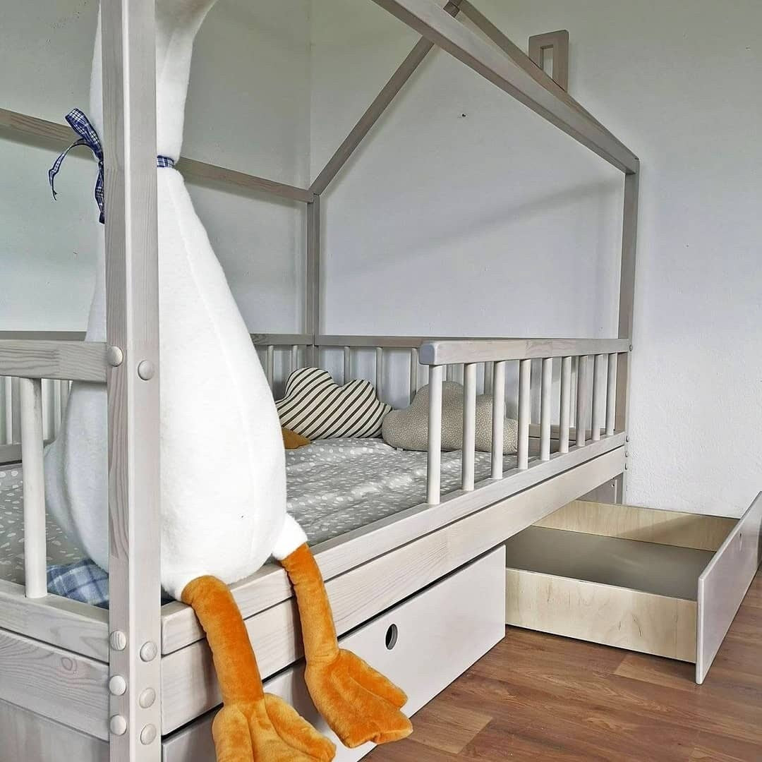 Montessori house bed with storage drawers, natural wood toddler bed, bed with roof, removable railing