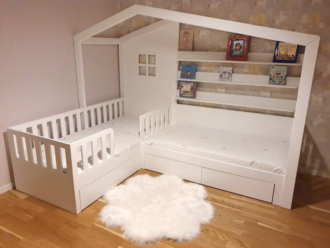 Double corner bed, l shape nook bed, montessori house bed, bed with drawers and shelves, natural wood double bed