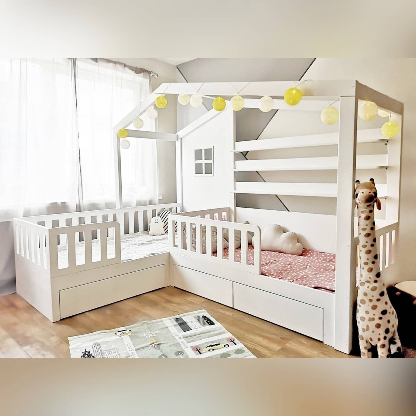 Double corner bed, l shape nook bed, montessori house bed, bed with drawers and shelves, natural wood double bed