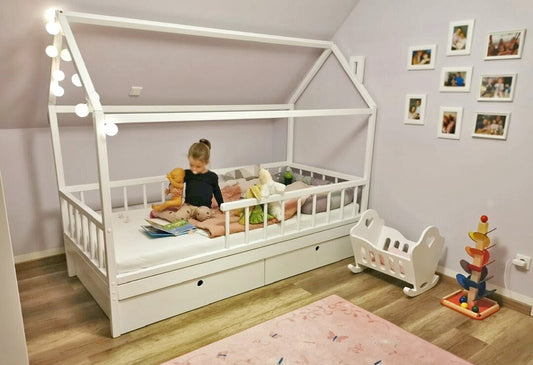 Montessori house bed with storage drawers, natural wood toddler bed, bed with roof, removable railing